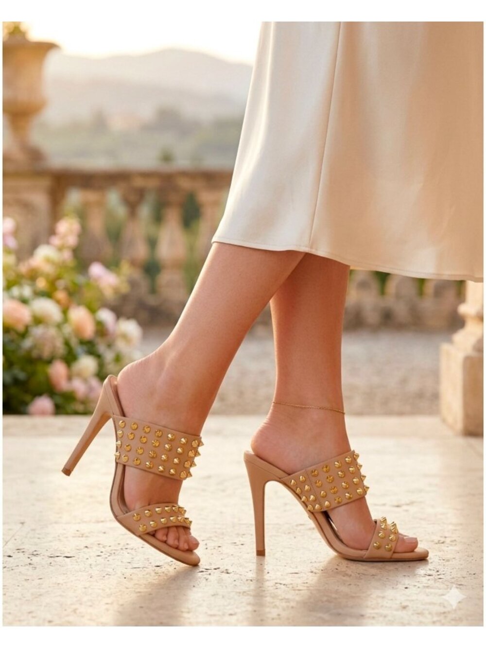 Studded Nude High Heel Slide Sandals - Picture 12 of 14